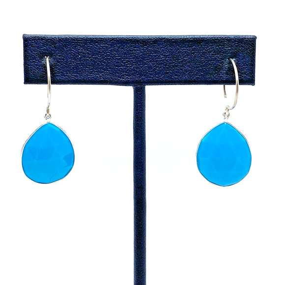 Sterling Silver Blue Faceted Glass Dangle Drop Pierced Earrings Bezel Set 1.5" - Picture 1 of 7